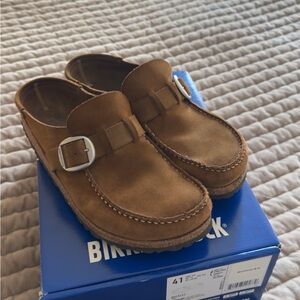 Birkenstock Tan Suede Buckle Clogs